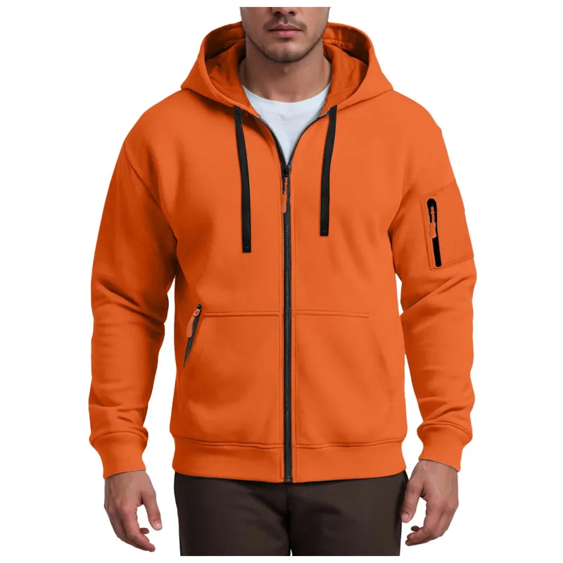Men's Hoodies Solid Color Loose Zip Up Jacket Arm Zipper Pocket Hoodies Sand Hoodie Men