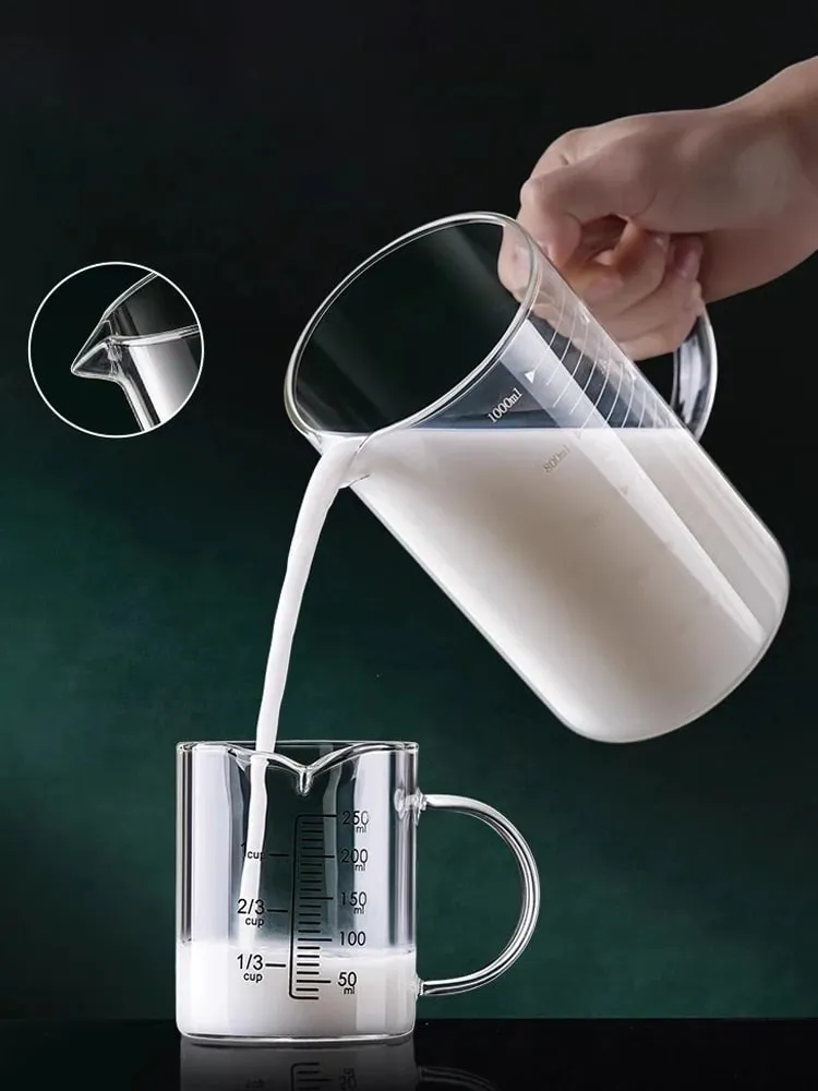 1/2 pces copo de medição de vidro com alça resistente ao calor copo de laboratório cozinha leite café caneca de medição 250/350/500/1000ml — image 3