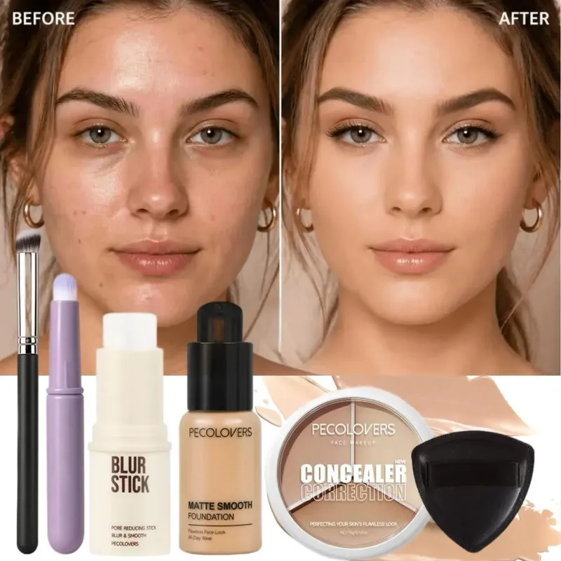 6 PÇS/SET Conjunto de maquiagem de base impecável - Primer de poros de alta cobertura e cobertura completa com pincel corretivo, base líquida leve