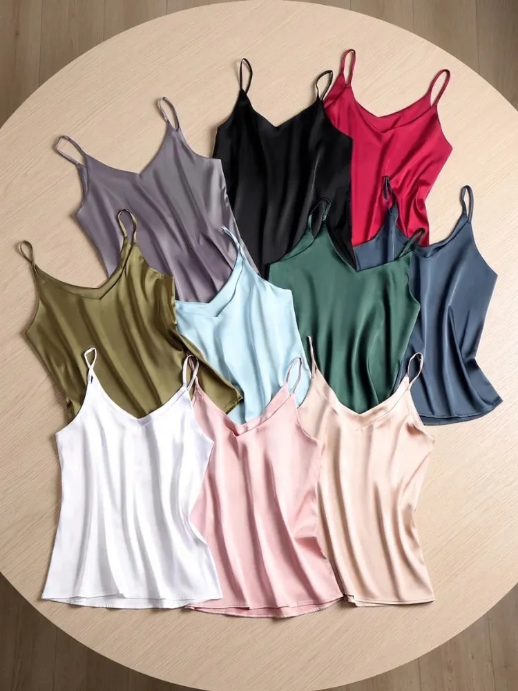 2026 verão cinta de espaguete feminino regata halter decote em v básico branco cami sem mangas cetim seda topos feminino