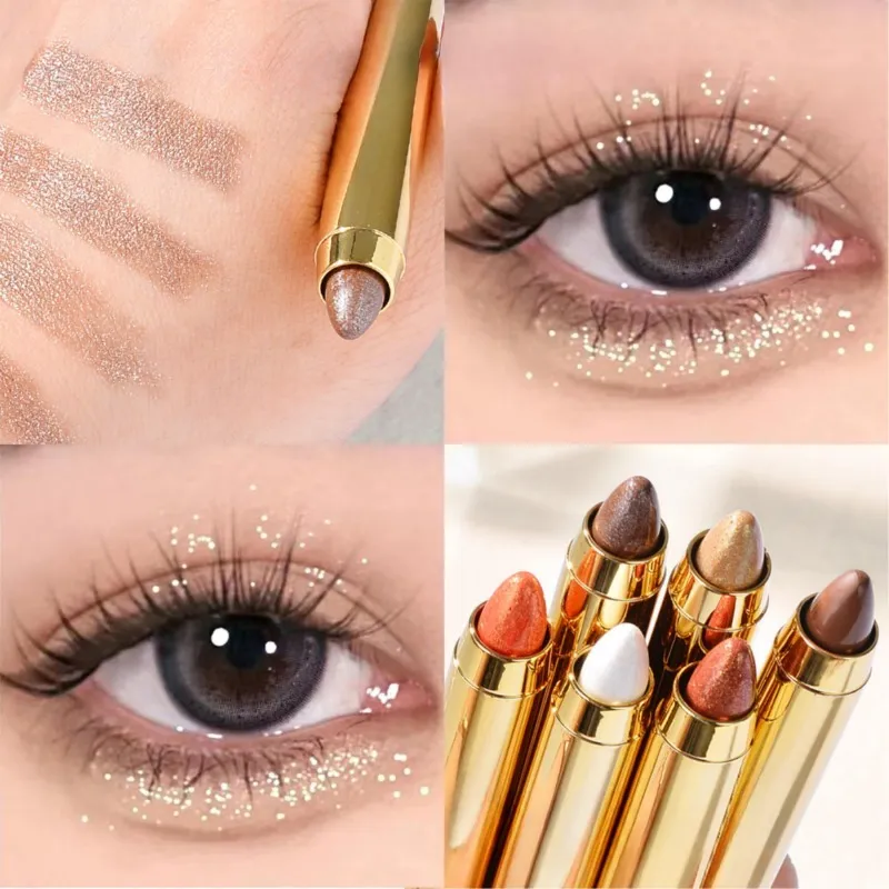 Caneta de sombra para os olhos, 6 cores, maquiagem para os olhos, caneta de bicho da seda, caneta de destaque de ponta dupla, bastão de sombra para os olhos, micro-pérola, maquiagem fosca feminina