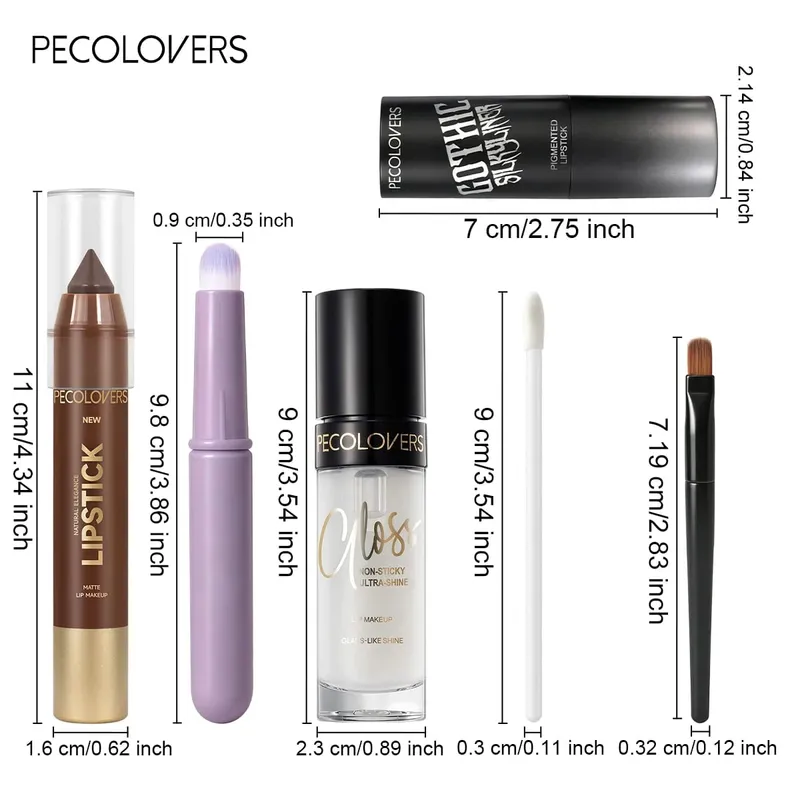 6PCS Lip Makeup Set Black Pigmented Lipstick Lip Liner Pencil Clear Glass-Like Shine Lip Gloss Lip Smudge Round Flat Brushes