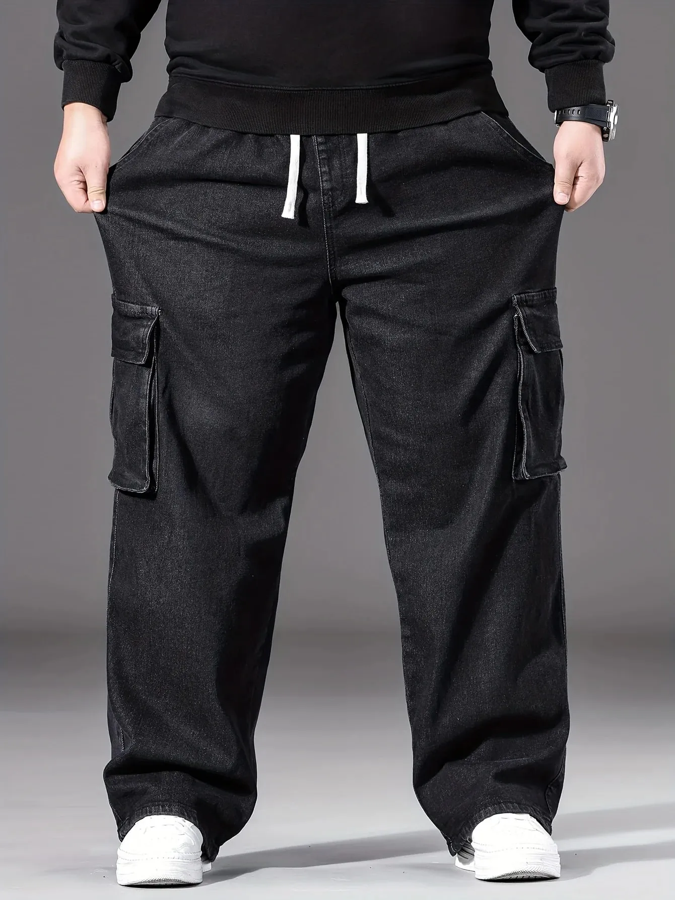 2026 novos homens calças de brim de grandes dimensões cintura alta elástico cordão estiramento baggy denim calças casuais versátil plus size