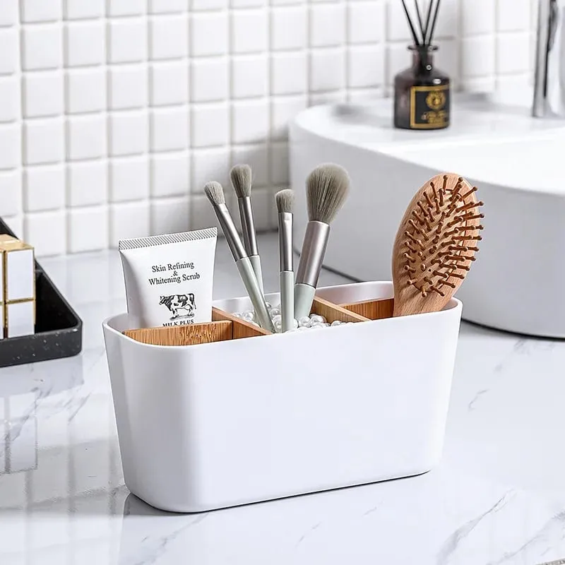 Suporte para pincéis de maquiagem com bambu, 5 espaços, divisórias, multiuso, pincel de maquiagem, ferramentas cosméticas, batom, organizador de armazenamento de mesa