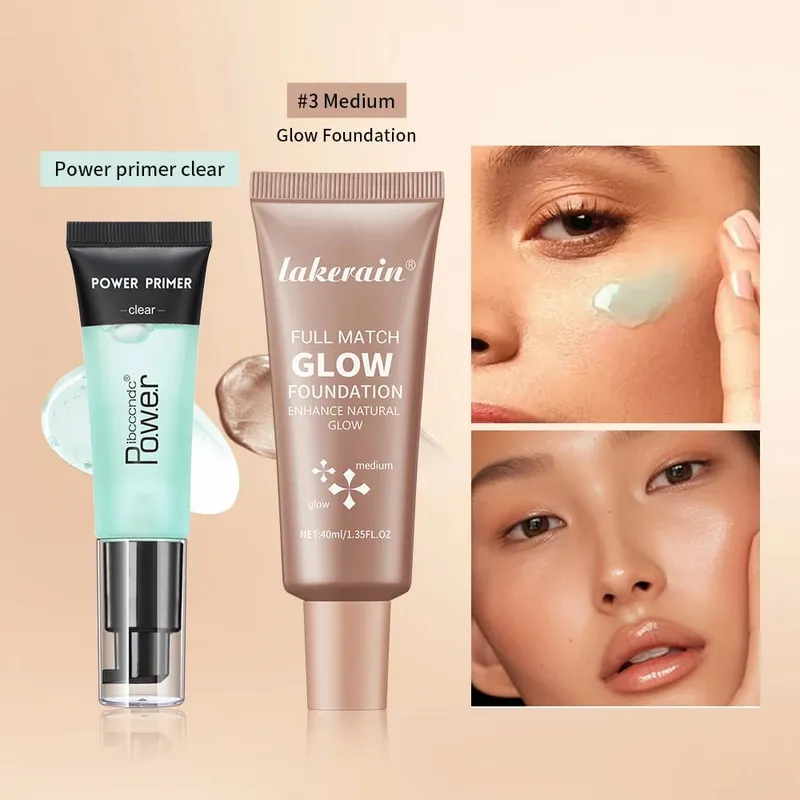 Pó aperto primer gel & brilho fundação kit de maquiagem hidratante suavização da pele leve iluminar brilhante fase cosméticos combinação