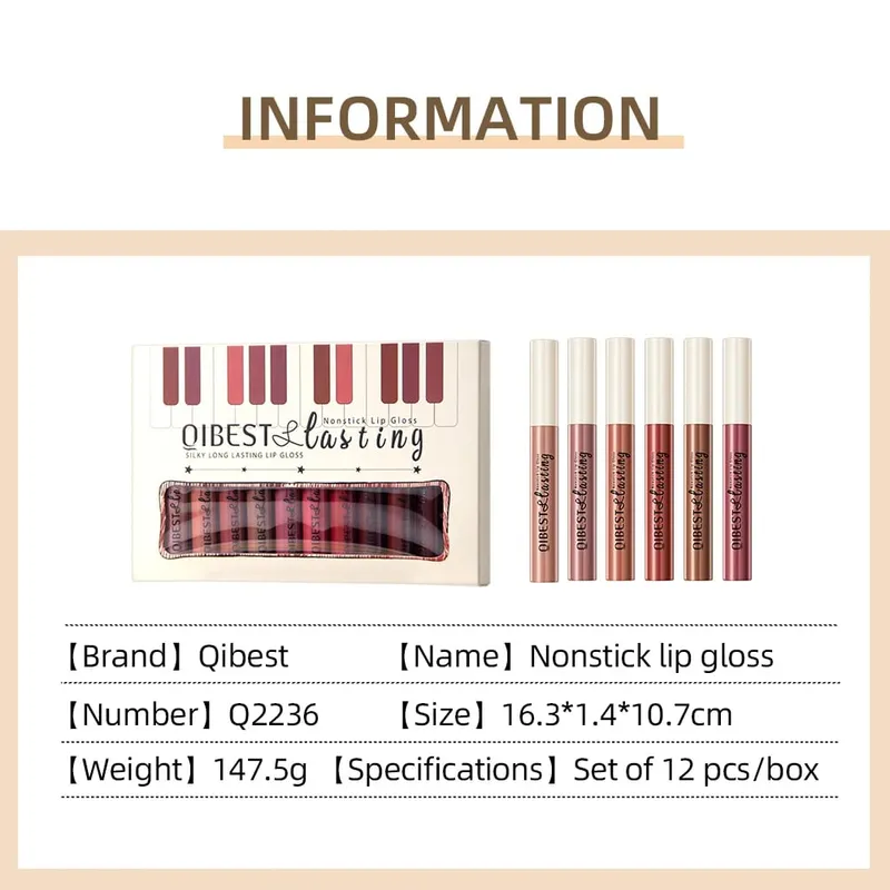 Conjunto de brilho labial fosco, 12 cores, à prova d'água, duradouro, batom líquido, veludo, nude, vermelho, matiz, nutrição, batom antiaderente
