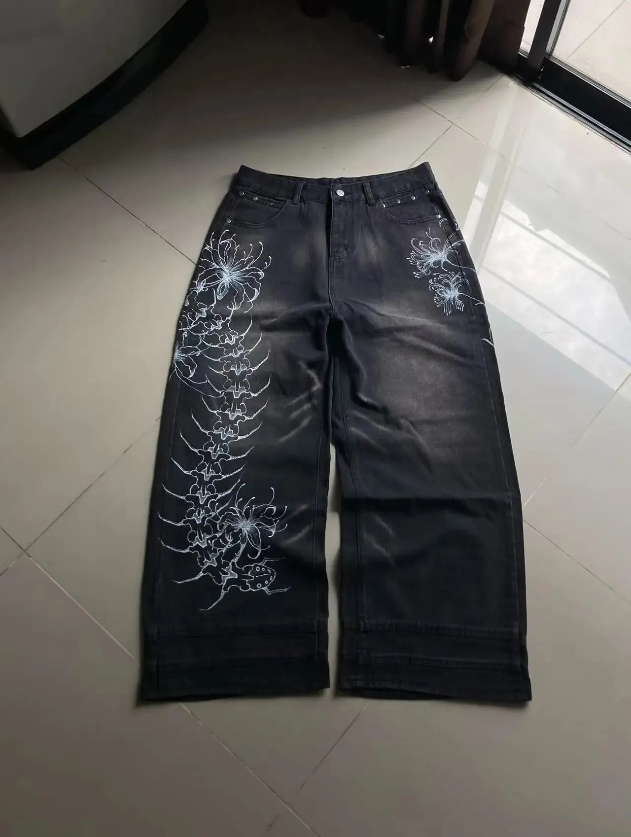 Y2K Vintage Gótico High Street Denim Preto Lavado Gradiente Espinha Aranha Lírio Estampa Jeans Perna Larga