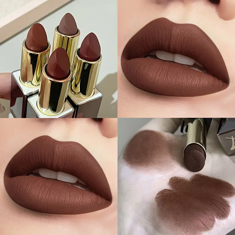 Disponível em 3 tons de batom fosco veludo fosco à prova d'água brilho labial que não desbota que realça a cor e ilumina os lábios.