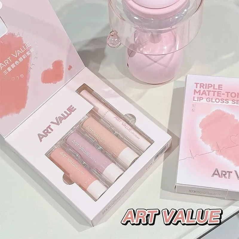 VALOR DA ARTE 4 PCS Conjuntos de maquiagem labial incluem 3 cores batom líquido fosco aveludado e 1 kit de cosméticos de óleo bálsamo labial gloss duradouro