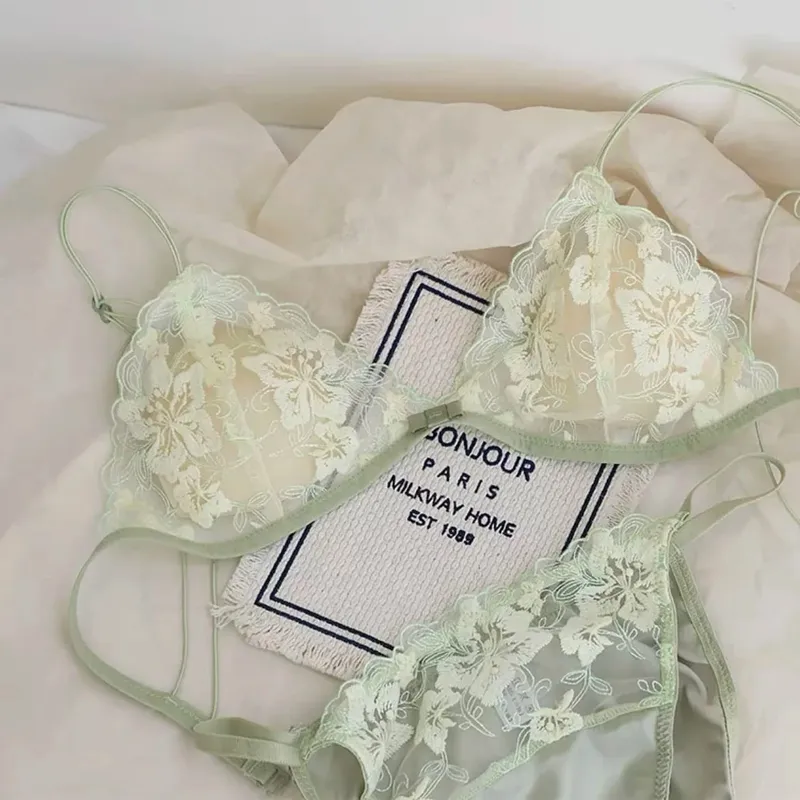 Super sexy conjunto de sutiã de renda transparente oco sem arame triângulo francês bralette e calcinha feminina lingerie quente 2026 moda
