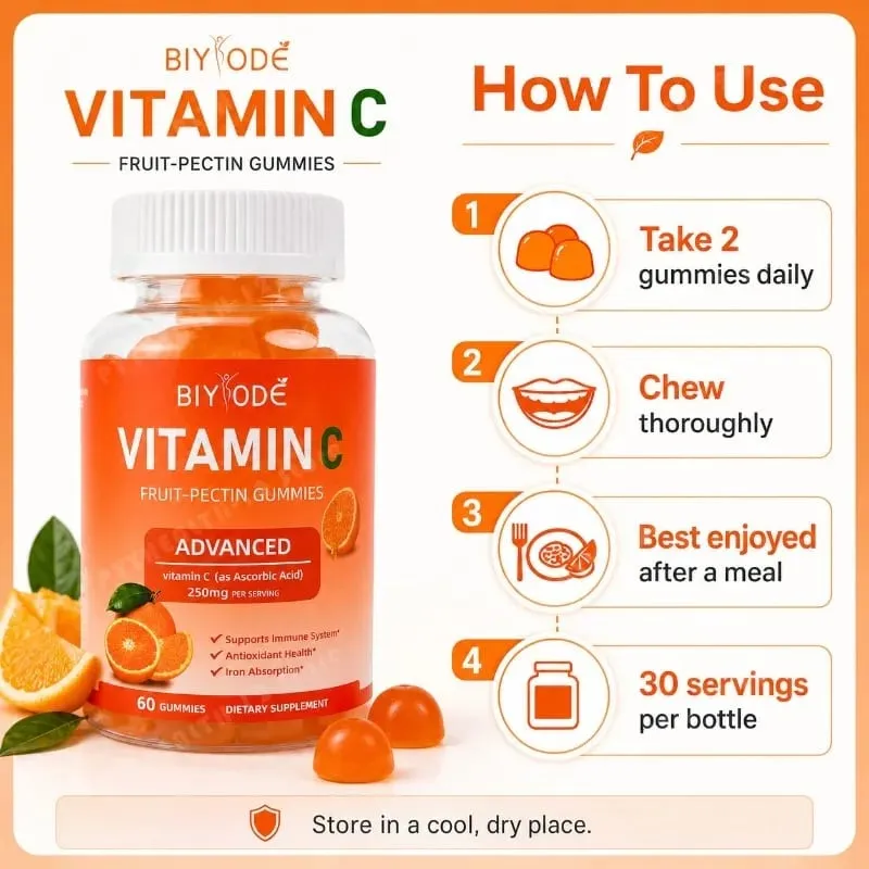 Vitamin C Gummies 250mg with Vitamins A and E Orange Fruit Pectin Chewables 60 Count Daily Nutrition for Adults Men & Women — image 7