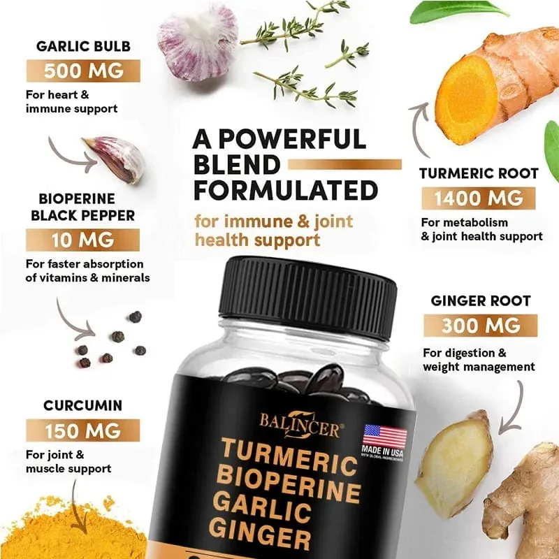 Cúrcuma e Gengibre com Pimenta Preta - Suplemento de Apoio às Articulações Contendo Piperina e 95% de Curcumina. Suporte digestivo e imunológico