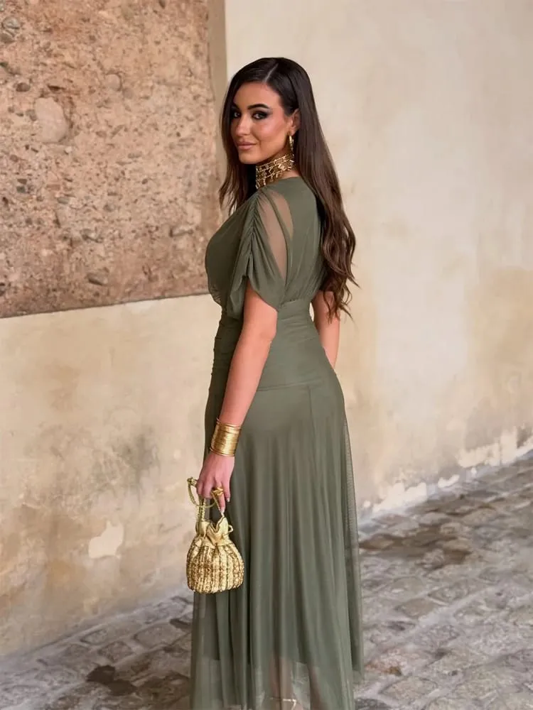 Feminino sólido profundo decote em v malha vestido longo elegante puff manga curta ruched cintura alta vestidos 2026 verão senhora casual rua robe