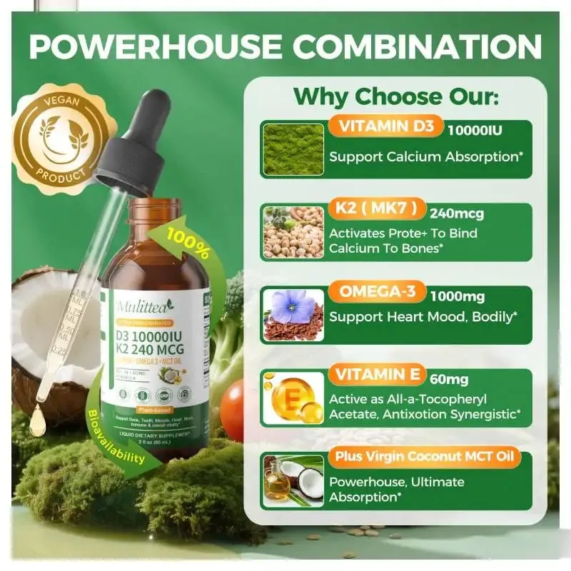 Mulittea Vitamina K2 + D3 60ml Gotas com Vitamina E e Suplementos Dietéticos Ômega 3 Recuperação Muscular e Absorção de Nutrientes