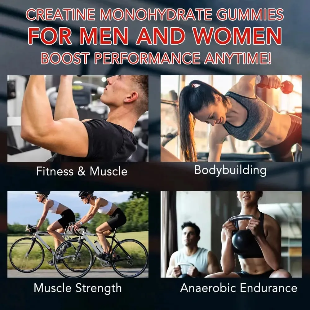 Gomas de monohidrato de creatina 5000mg para recuperação de força muscular e aumento de energia pré-treino Morango vegano sem açúcar 120 Ct