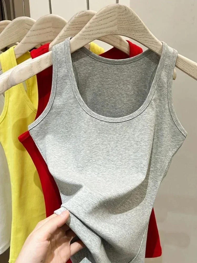New Korean Style U-Neck Sleeveless Strap Tank Tops Slimming Base Layer Top Fashion Minimalist Design Summer Female Solid Camis