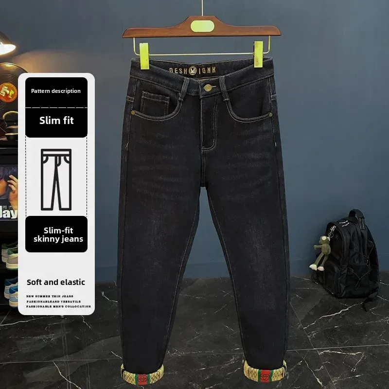 Jean épais en peluche pour hommes, coupe cintrée, petits pieds, haut de gamme, tendance, léger, luxe, mode, élastique, chaud, nouvelle collection hiver 2025
