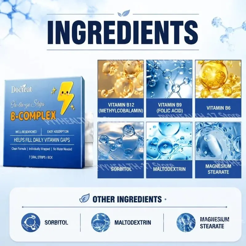 Docteat B-Complex Oral Dissolving Strips Supports Energy Metabolism and Nerve Health Helps Fill Daily Vitamin Gaps 7 Strips — image 3