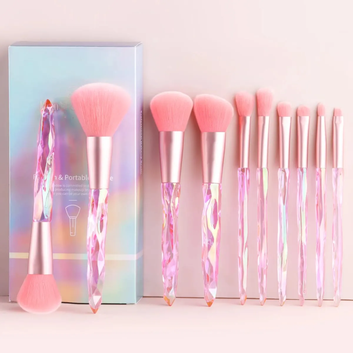 10 pçs brilhante cristal lidar com escova de maquiagem conjunto com caso redondo solto pó escova & plana fundação escova para maquiagem dos olhos