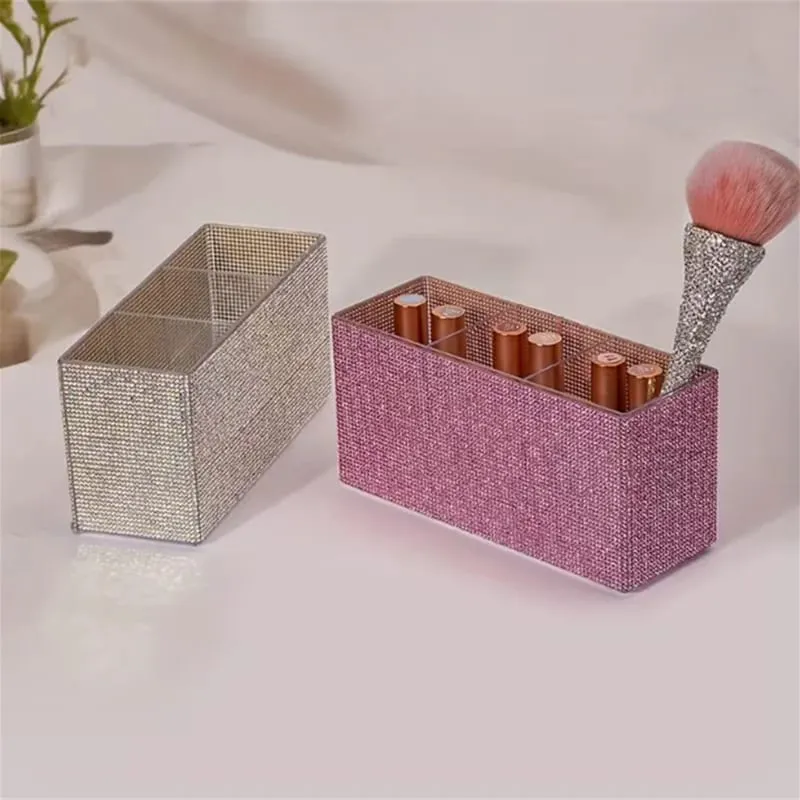 Organizador de pincéis de maquiagem com strass brilhante, com 3 compartimentos, pincéis de maquiagem de grande capacidade, batom, caixa de armazenamento de ferramentas cosméticas