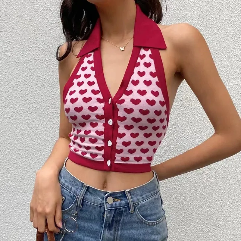 Y2k coração halter colete adolescente botão frontal sem mangas gola colheita superior regata feminina e cami roupa de férias de verão