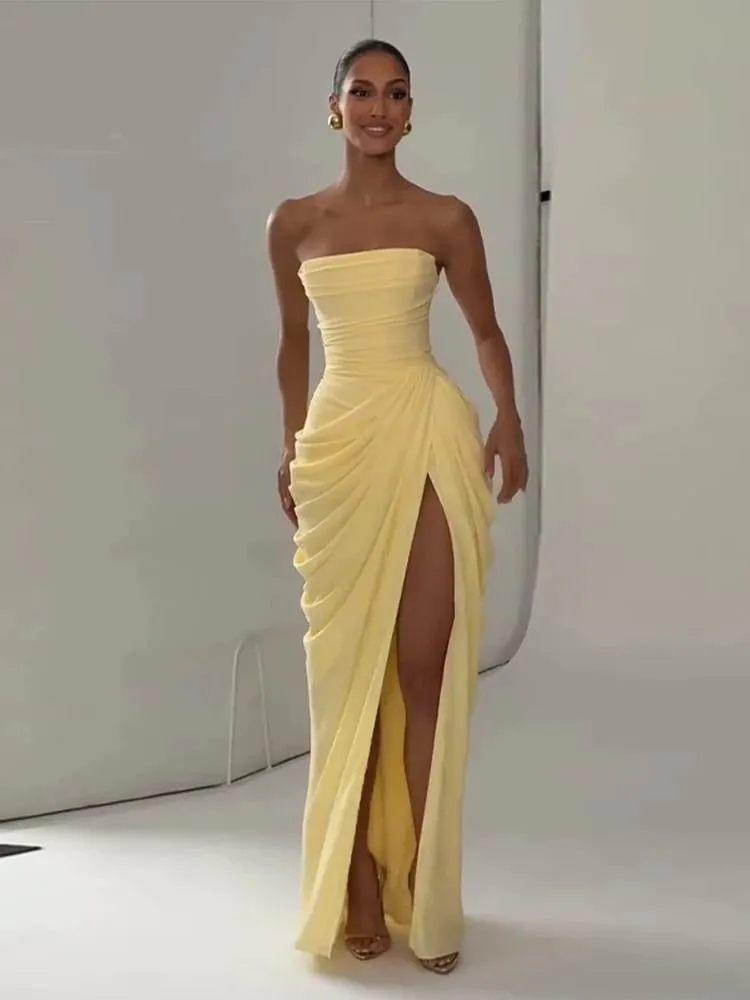 Sexy Solid Pleated Strapless Dress Lady Chic Off-shoulder Backless High Waist Split Dresses Women 2026 New Evening Party Gown — image 5