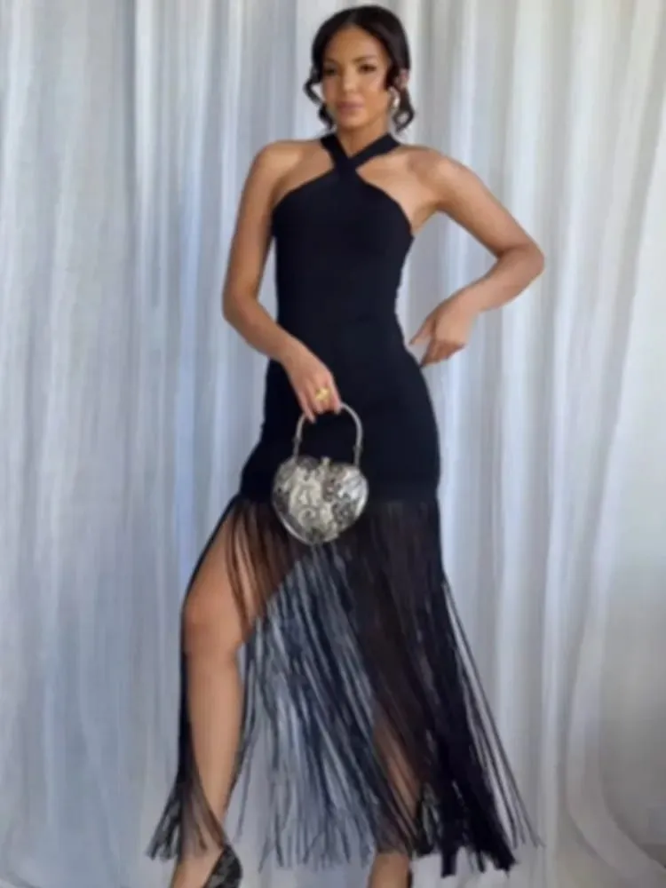 Mulheres borla retalhos halter maxi vestido chique sólido sem mangas fora do ombro magro fenda vestidos moda senhora vestidos de festa de férias
