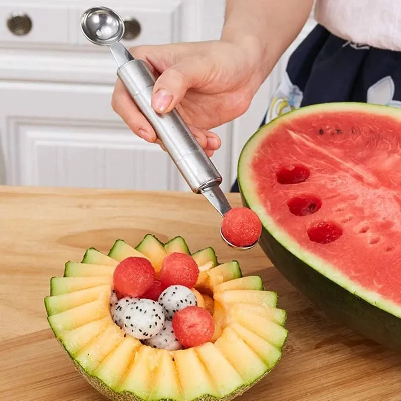Colher de frutas escavação dupla cabeça de aço inoxidável portátil multifuncional melão baller colher diy prato frutas ferramenta bola tmz