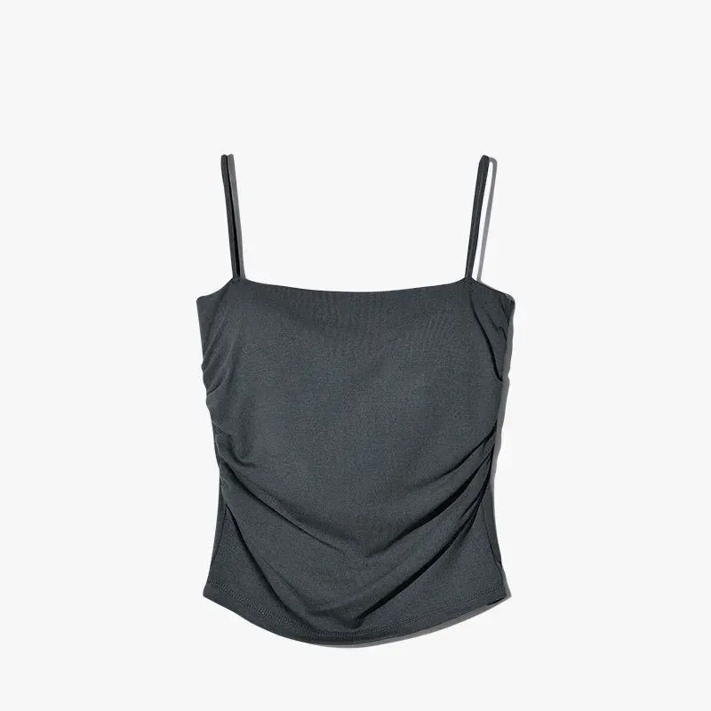 Sólido all-match plissado sling colete cinta almofada de peito roupa interior fino ajuste emagrecimento curto gyaru roupa exterior topo
