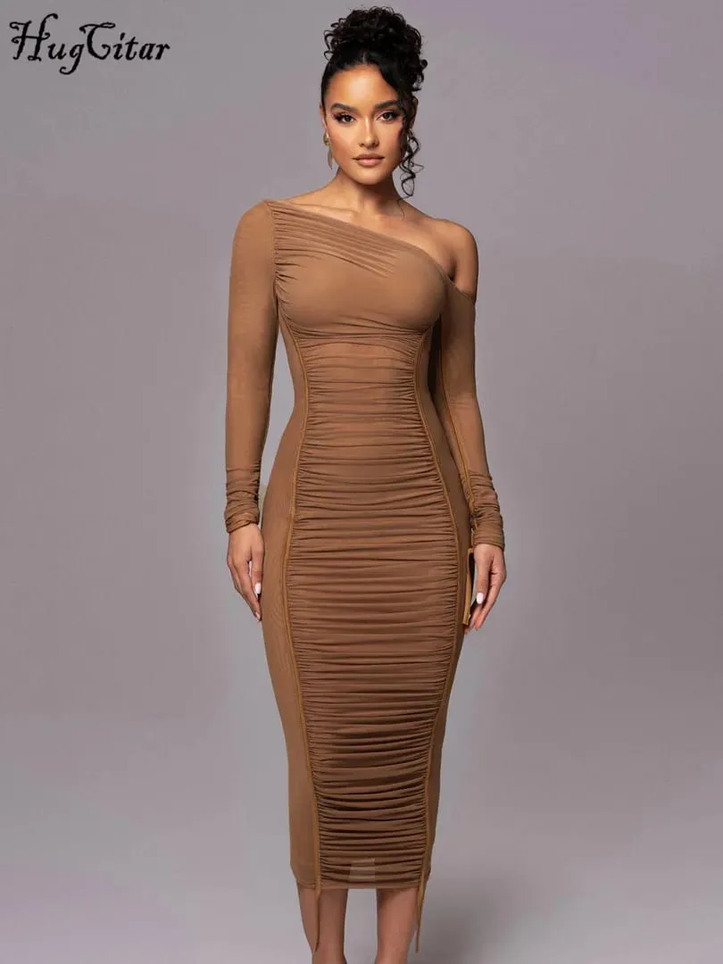 Hugcitar malha sólida gola diagonal manga longa drapeado sexy ver através bodycon maxi vestido verão moda roupas festival clube