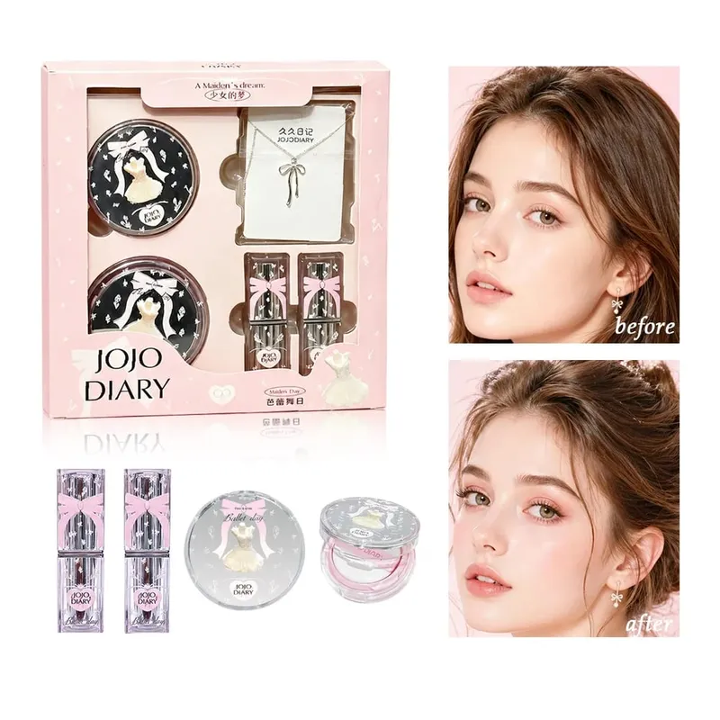 Ballet Day Makeup Gift Set All-in-One Cosmetic Kit with Blush & Lipsticks Bow Necklace Cute Pink Box