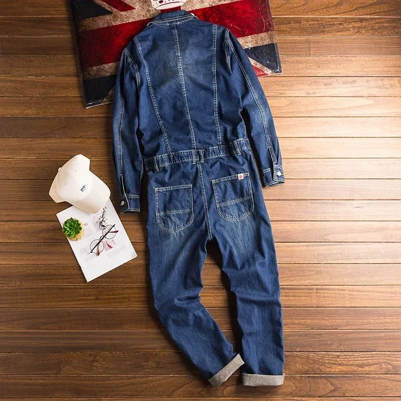 Denim Jumpsuits Loose Pockets Long Sleeve Overalls Lapel Collar Pockets Cargo Jeans for Men