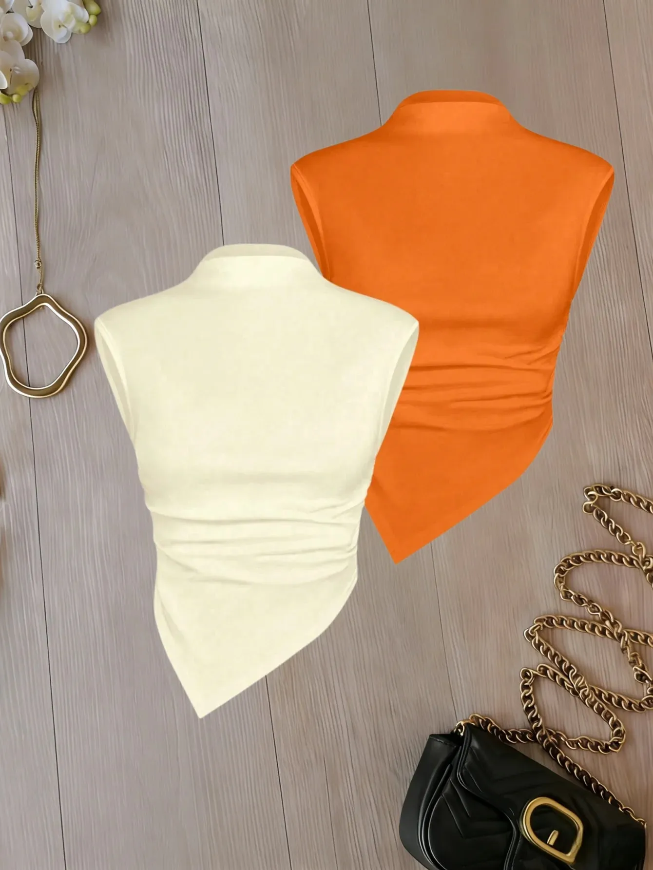 Conjunto feminino com gola simulada, sem mangas, bainha assimétrica, 2 pacotes, cor sólida, cami