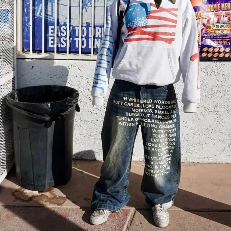 Americano retro estampado alfabeto masculino jeans personalizado roupas de rua y2k goth moda masculina e feminina calças casuais