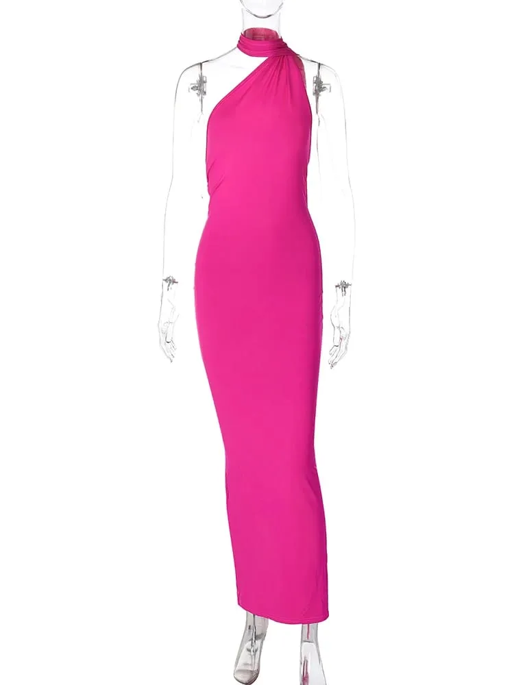 Hugcitar um ombro sem costas ajustável cachecol laço ruched sexy maxi vestido 2025 feminino elegante y2k streetwear festival outfit