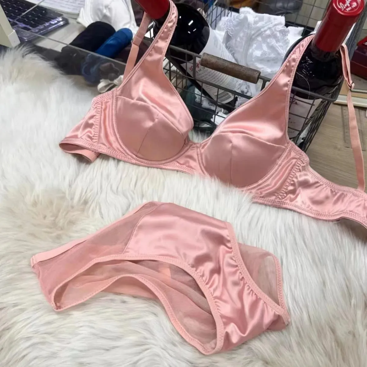 Conjunto de sutiã de cetim reunido, roupa íntima fina e confortável que não deixa marcas, seios grandes mostram pequeno push up lingerie briefs terno