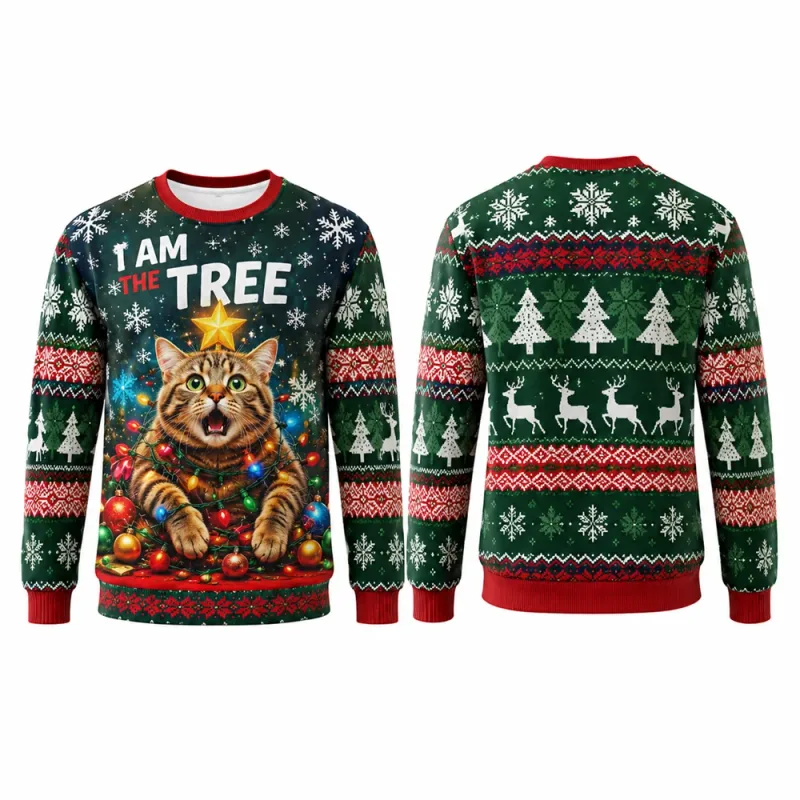 Eu sou o gato da árvore moletom de natal gráficos 3d tripulação pescoço manga longa masculino feminino engraçado feio natal festa de férias outono pulôver