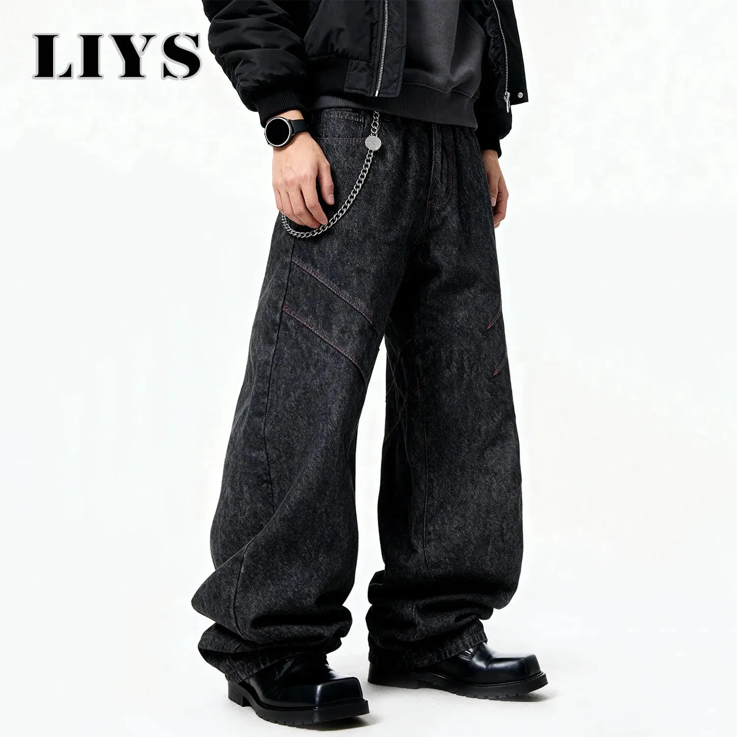 Quatro estações americano retro masculino preto baggy perna larga jeans básico negócios casual solto calças jeans unissex rua jeans