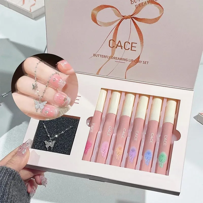 Conjunto de maquiagem de batom líquido fosco, 6 cores, brilho labial de longa duração, à prova d'água, lama labial com colar, presente, cosméticos