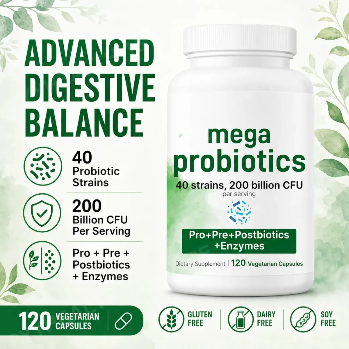 Cápsulas de probióticos 200 bilhões de UFC 40 cepas prebióticos enzimas digestivas suplemento de saúde intestinal 120 cápsulas vegetais homens mulheres