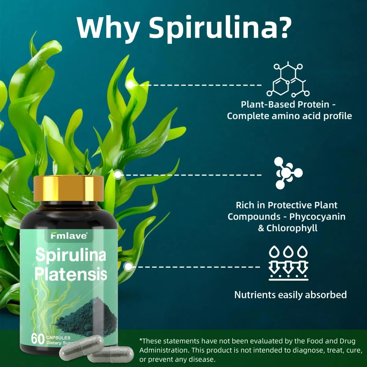 Fmlave Supplements Spirulina Orgânica - Suplemento de superalimento de algas verdes azuis rico em proteínas para energia e suporte imunológico 60 cápsulas vegetarianas