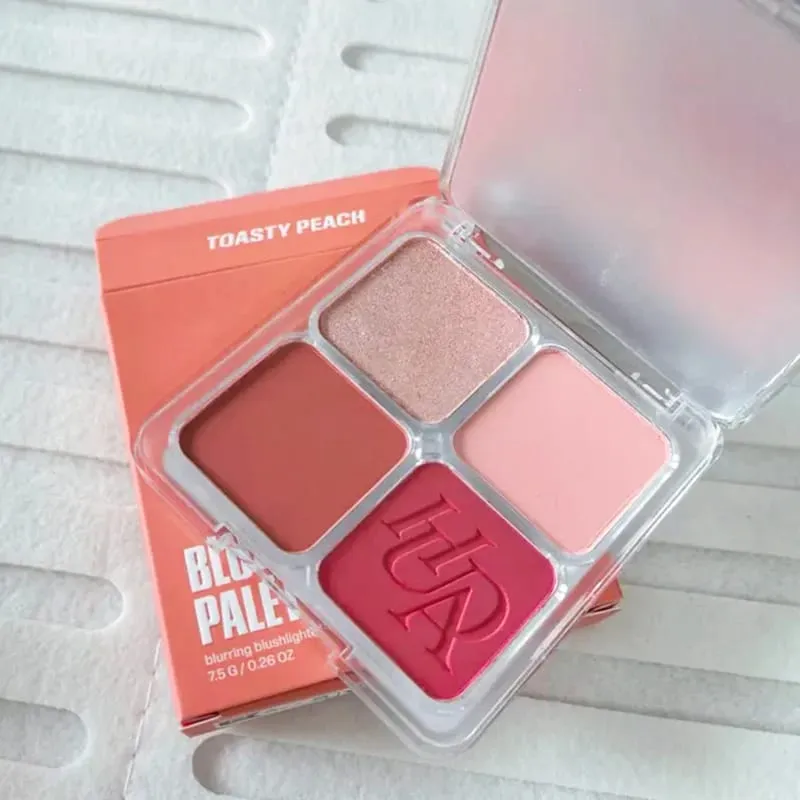 Blush em pó de 4 cores, ajuste fino, leve, natural, brilhante, durável, à prova d'água, resistente ao suor, blush, brilho labial, maquiagem