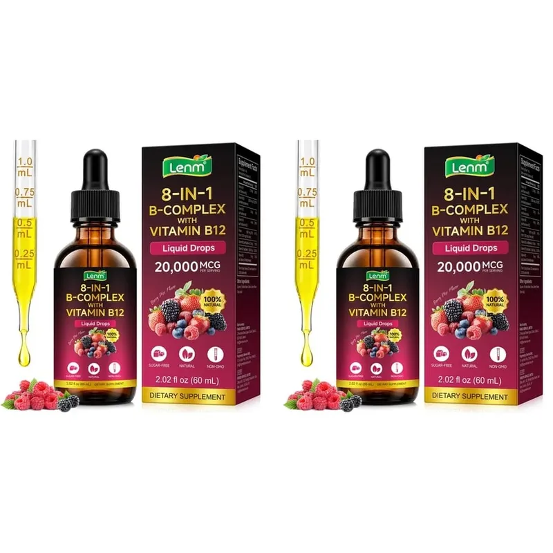 Lenm Vitamin B12 B-Complex Liquid Drops 8 em 1 apoia o sistema nervoso, a saúde imunológica e a energia diária 60 ML sem açúcar e não OGM