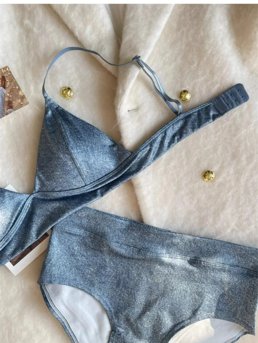 Triângulo copo imitação denim seção fina roupa interior feminina beleza volta lingerie reunidos para coletar seios conjunto de sutiã confortável