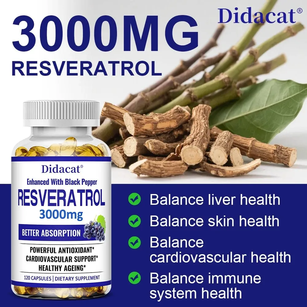 Resveratrol 3000 Mg Antioxidant Supports Brain Immune Joint and Cardiovascular Health Improves Skin Gluten Free Non-GMO