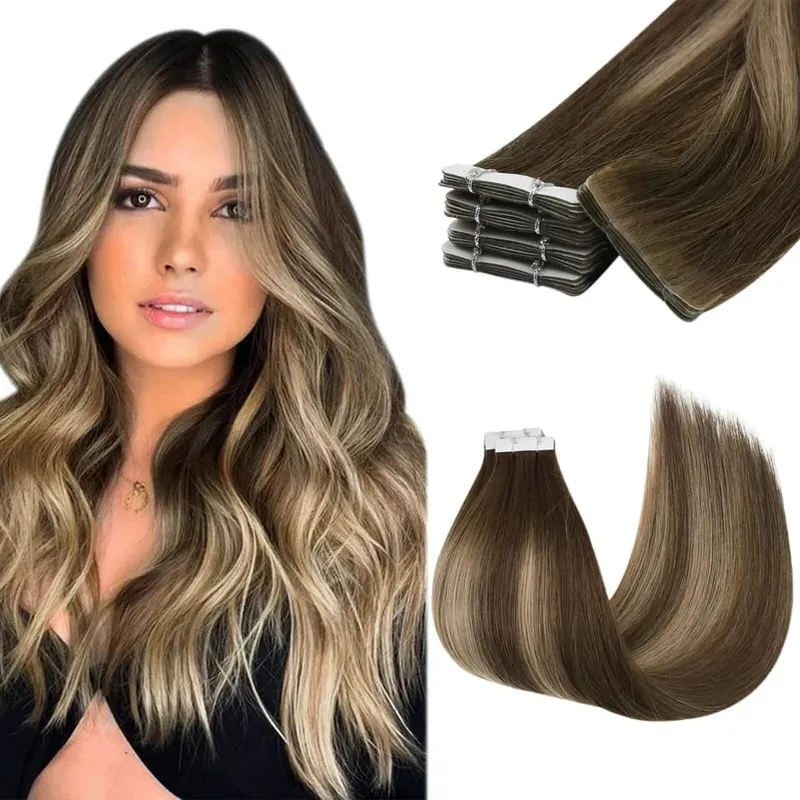 Moresoo Injection Tape Hair Extensions Ash Blonde Highlight Virgin Hair Natural Straight Brazilian Tape in Human Hair Extension