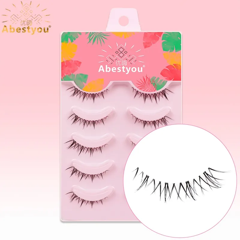 Abestyou 3d curto 9mm falso cils pequeno fino luz olho de gato camélia alado chicote transparente listra clara vison cílios inferiores