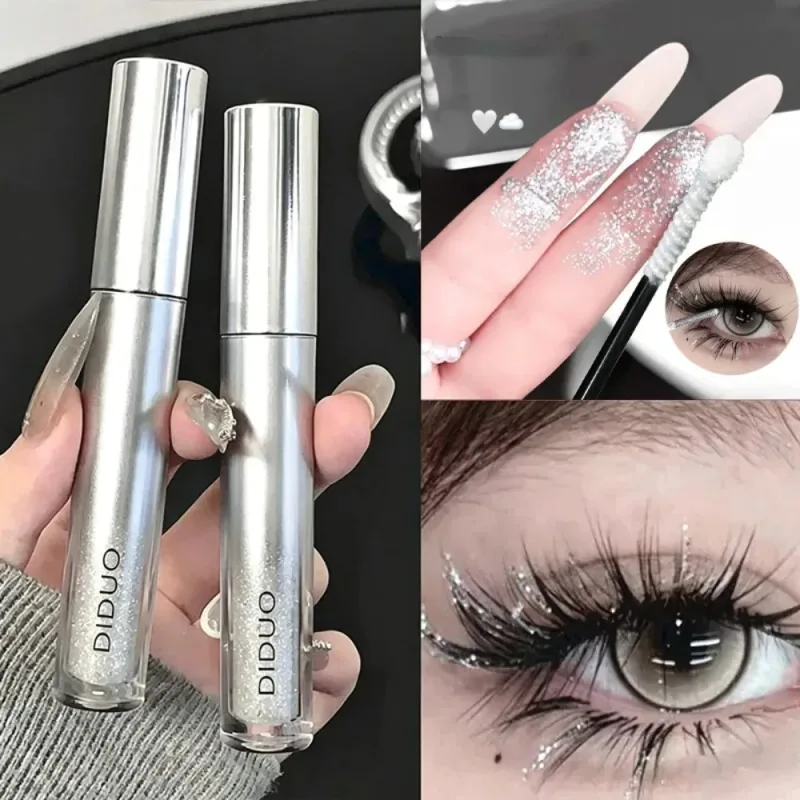 Rímel brilhante prateado, glitter fino, destaque, alongamento, ondulação, sem manchas, à prova d'água, natural, 3d, maquiagem brilhante para os olhos