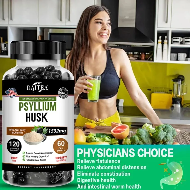 Psyllium Husk Capsules - Improve Constipation Accelerate Metabolism Nutrient Digestion Intestinal Health for Adult Men &Women