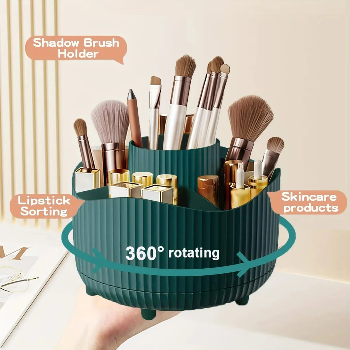 Organizador de maquiagem rotativo 360 graus, 5 espaços, armazenamento de cosméticos de plástico, elegante, versátil, suporte para pincéis, material de escritório